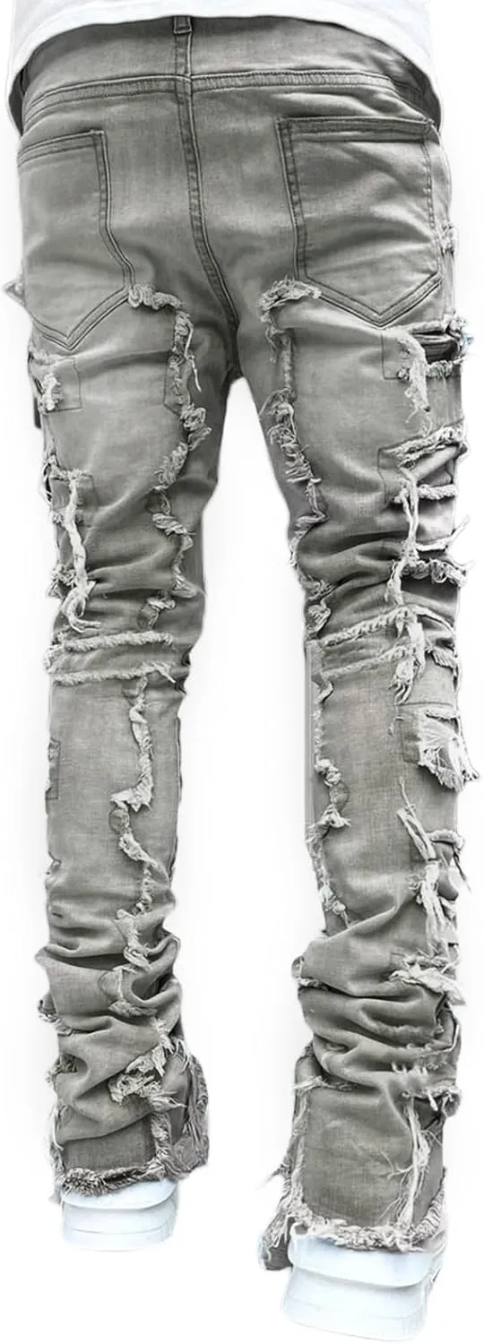 Men's Black Stacked Jeans Ripped Jeans Patch Distressed Destroyed Denim Trousers Streetwear Men Pants Daily Fit