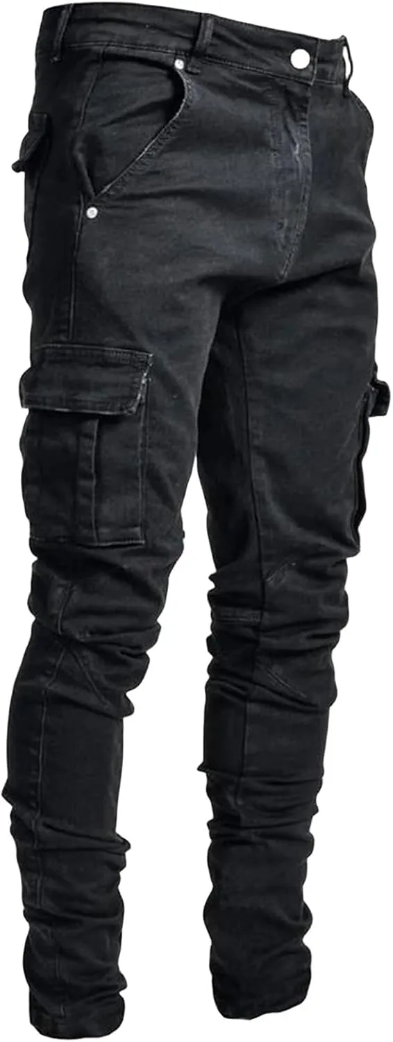 Mens Cargo Jeans Pants Vintage Tactical Shiny Jeans Slim Fit Outdoor Pants Men Casual Streetwear Fashion Denim Pant