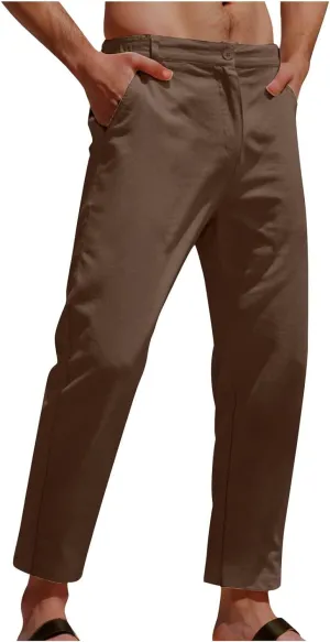Men's Casual Linen Cotton Pants Elastic Waist Summer Beach Trousers Lightweight Yoga Vacation Pants Long Trousers
