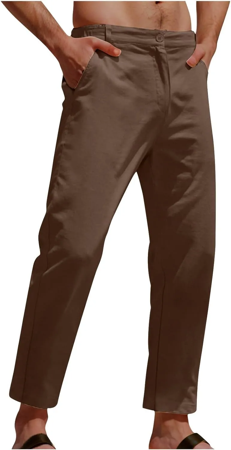 Men's Casual Linen Cotton Pants Elastic Waist Summer Beach Trousers Lightweight Yoga Vacation Pants Long Trousers