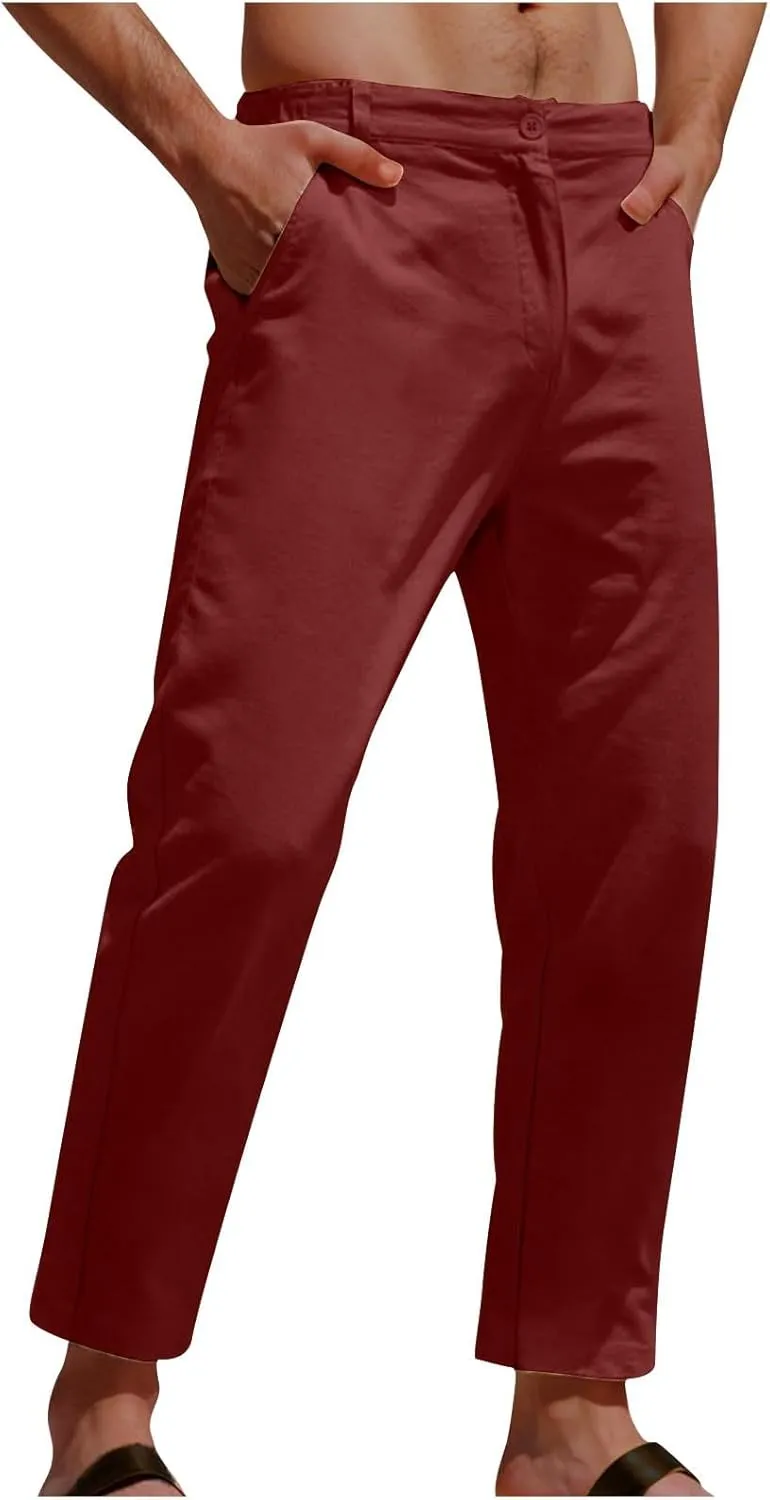 Men's Casual Linen Cotton Pants Elastic Waist Summer Beach Trousers Lightweight Yoga Vacation Pants Long Trousers