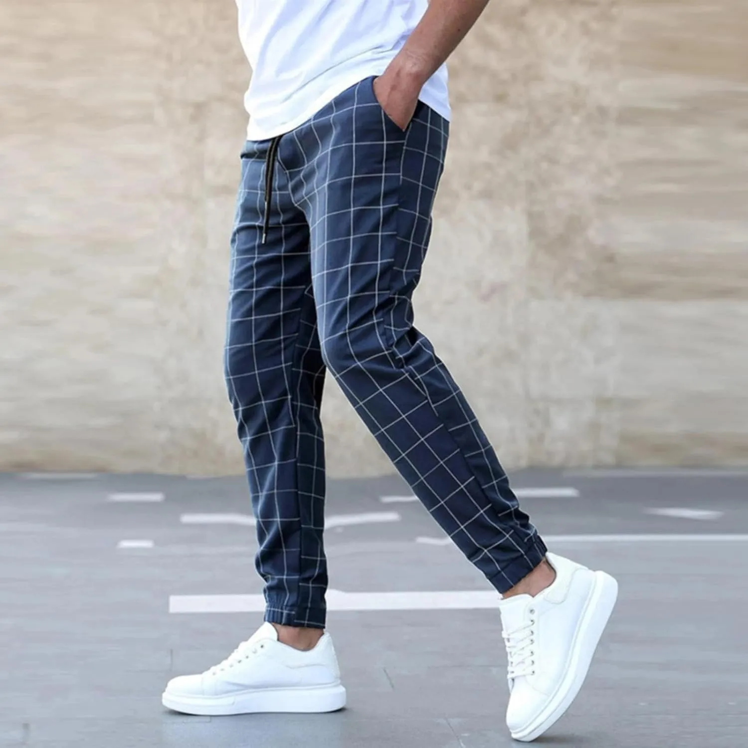 Men's Casual Plaid Pants Drawstring Stretch Dress Pants Slim Fit Skinny Chinos Tapered Business Casual Cinch Pants