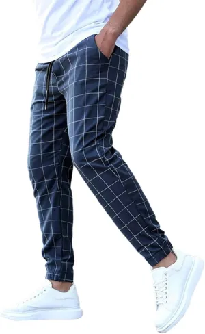 Men's Casual Plaid Pants Drawstring Stretch Dress Pants Slim Fit Skinny Chinos Tapered Business Casual Cinch Pants