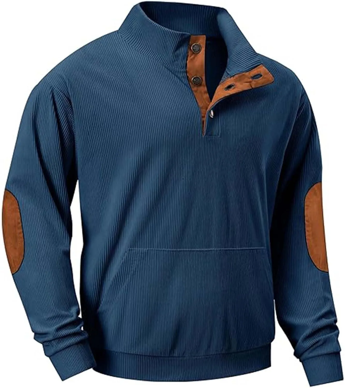 Men's Corduroy Sweatshirt Casual Long Sleeve Stand Collar Button Pullover Sweatshirts with Pockets