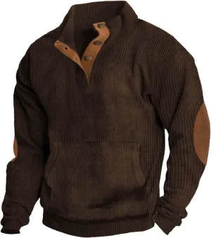 Men's Corduroy Sweatshirt Casual Long Sleeve Stand Collar Button Pullover Sweatshirts with Pockets
