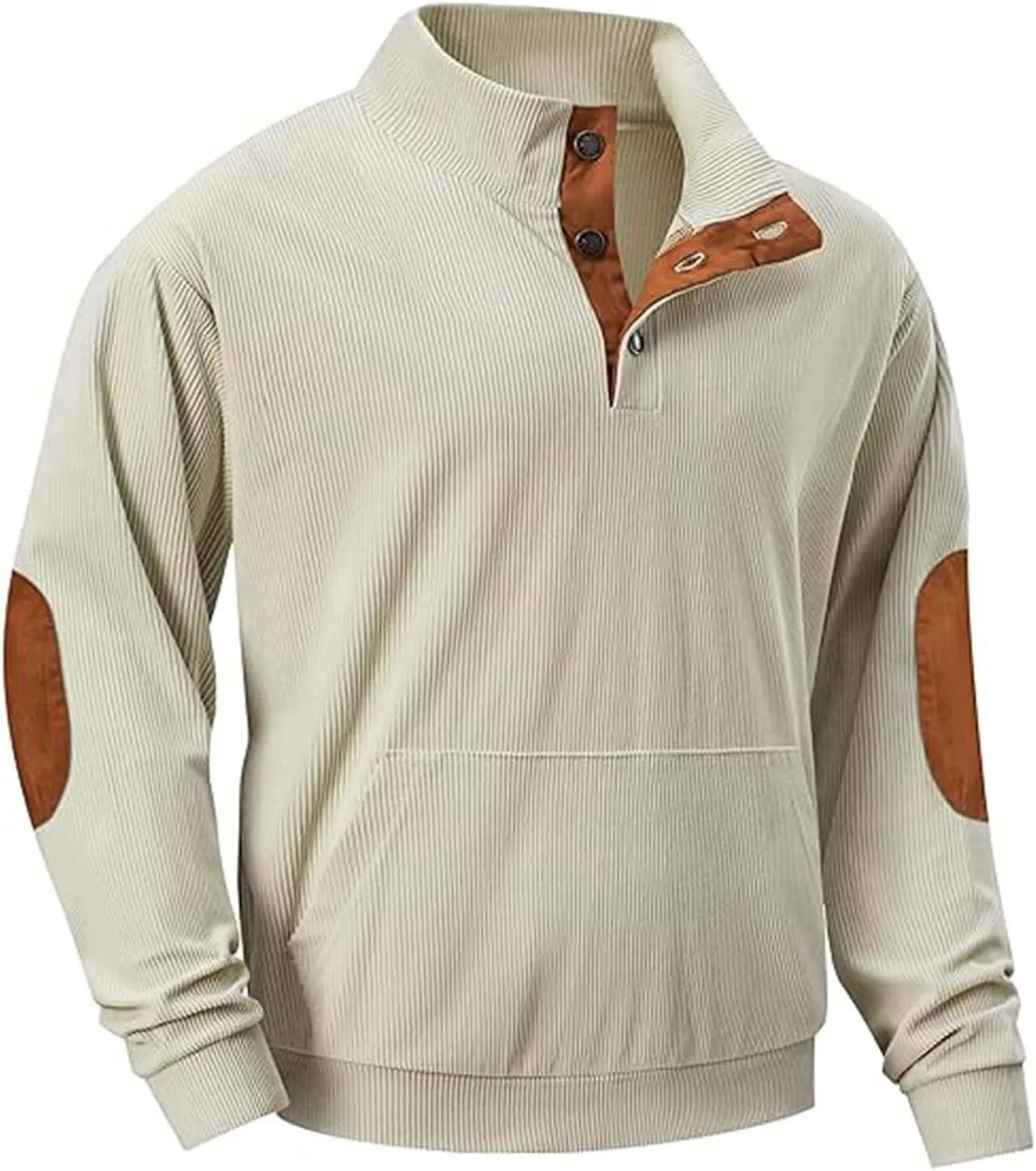 Men's Corduroy Sweatshirt Casual Long Sleeve Stand Collar Button Pullover Sweatshirts with Pockets