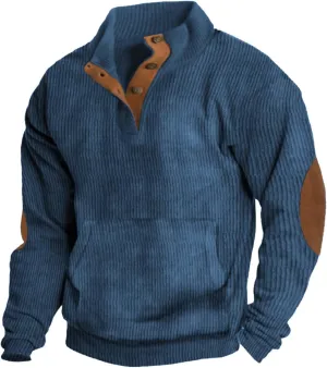 Men's Corduroy Sweatshirt Casual Long Sleeve Stand Collar Button Pullover Sweatshirts with Pockets