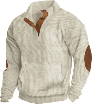 Men's Corduroy Sweatshirt Casual Long Sleeve Stand Collar Button Pullover Sweatshirts with Pockets
