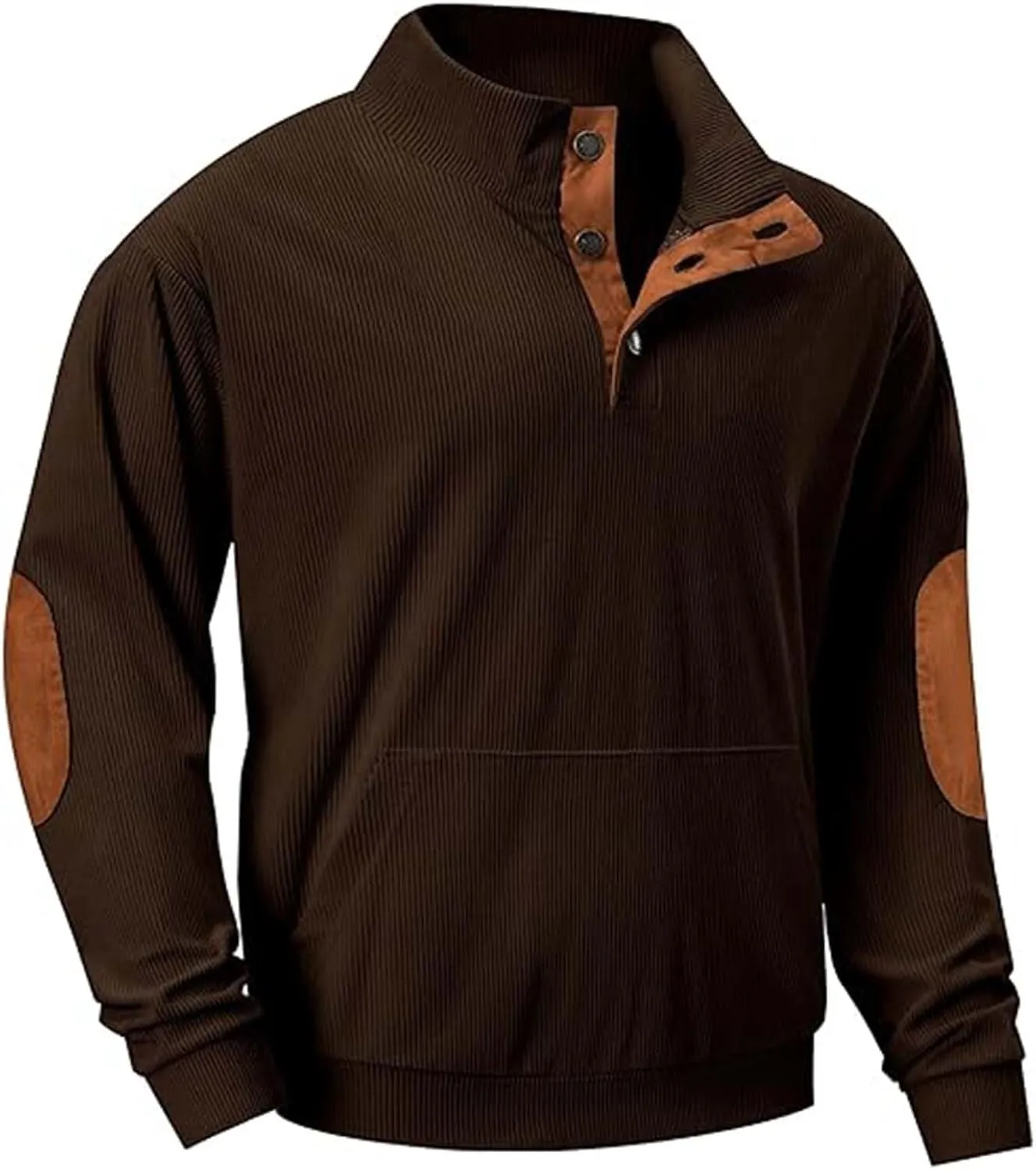 Men's Corduroy Sweatshirt Casual Long Sleeve Stand Collar Button Pullover Sweatshirts with Pockets