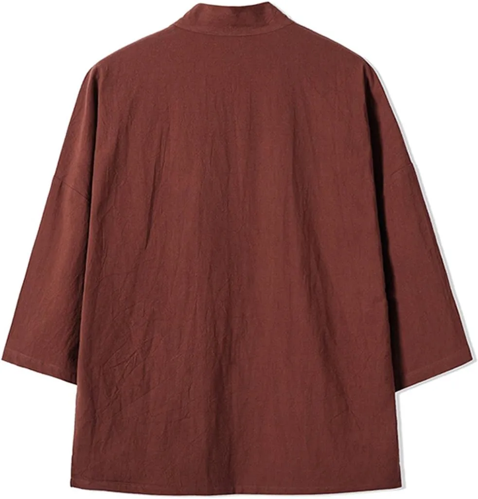 Men's Cotton Blends Linen Open Front Cardigan Embroidery Kimono Jackets