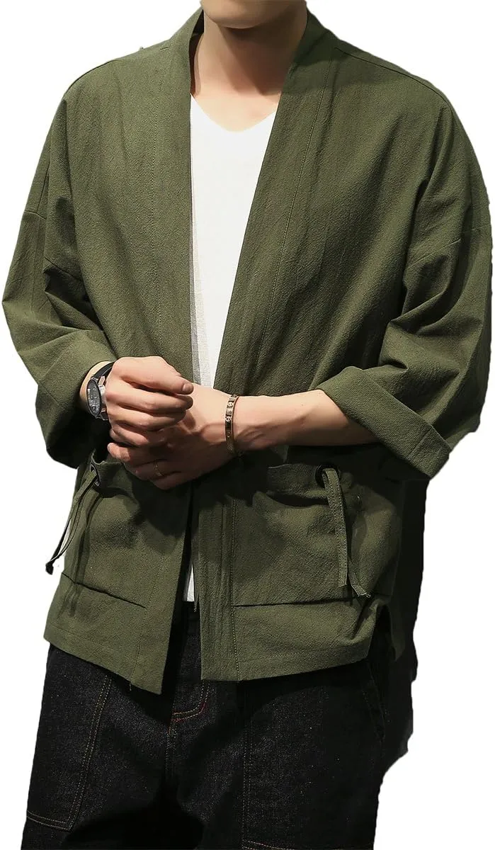 Men's Cotton Blends Linen Open Front Cardigan Embroidery Kimono Jackets
