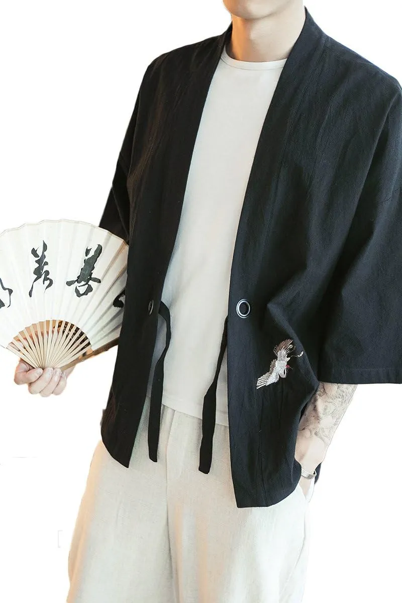Men's Cotton Blends Linen Open Front Cardigan Embroidery Kimono Jackets