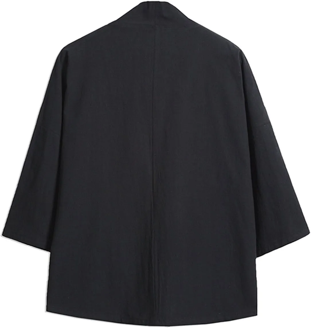 Men's Cotton Blends Linen Open Front Cardigan Embroidery Kimono Jackets