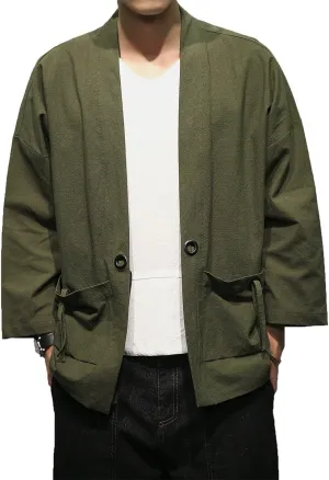 Men's Cotton Blends Linen Open Front Cardigan Embroidery Kimono Jackets
