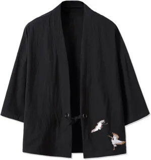 Men's Cotton Blends Linen Open Front Cardigan Embroidery Kimono Jackets
