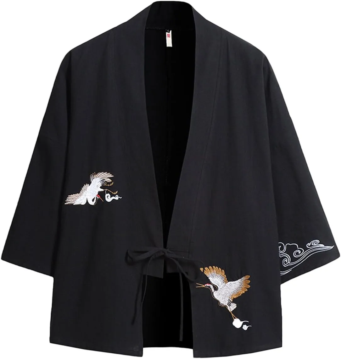 Men's Cotton Blends Linen Open Front Cardigan Embroidery Kimono Jackets