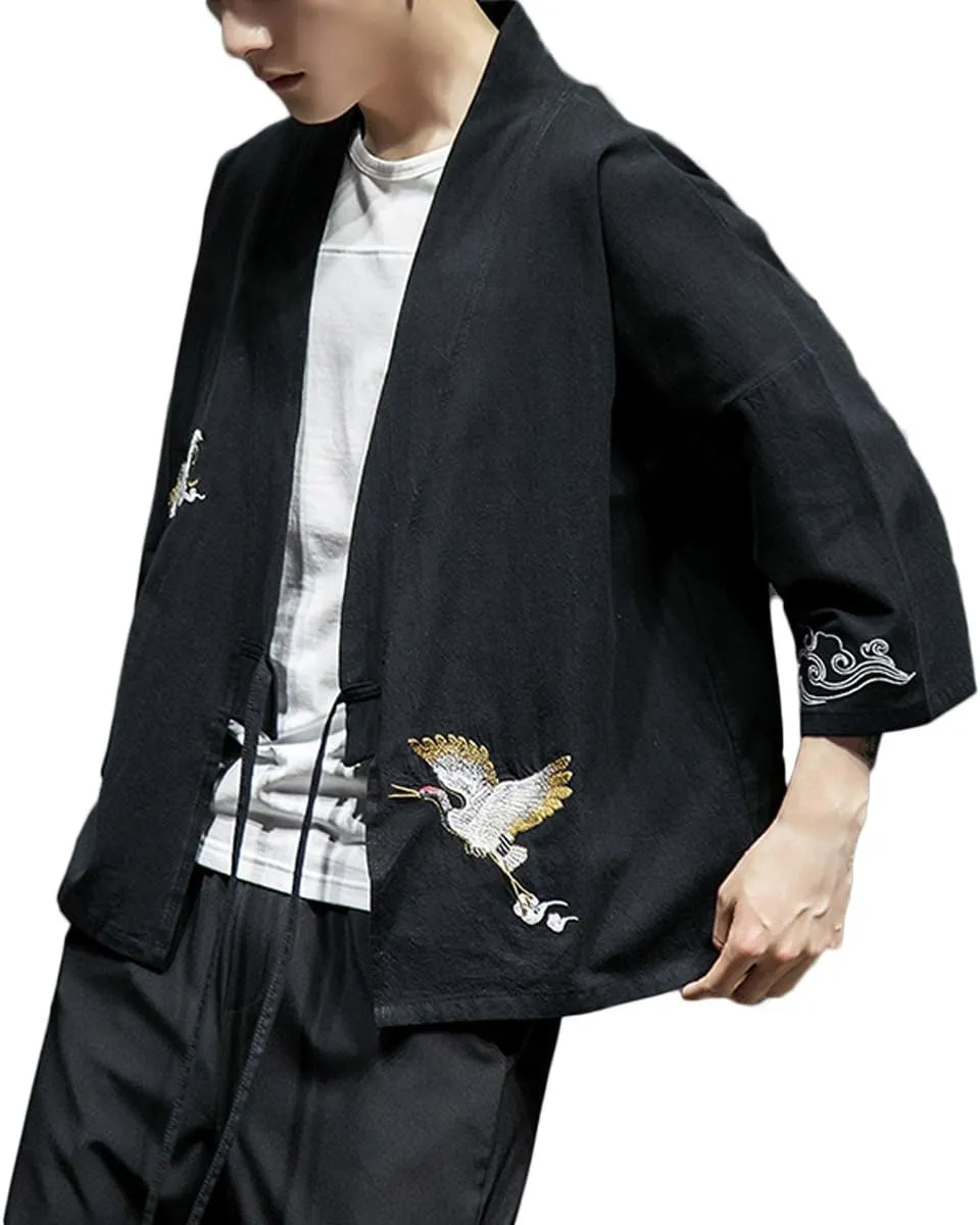 Men's Cotton Blends Linen Open Front Cardigan Embroidery Kimono Jackets