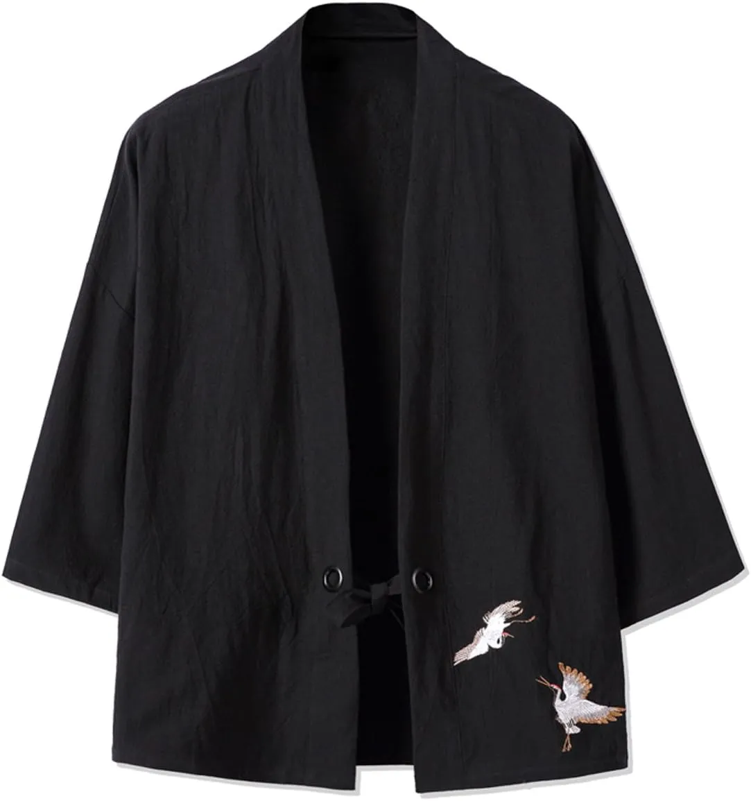 Men's Cotton Blends Linen Open Front Cardigan Embroidery Kimono Jackets