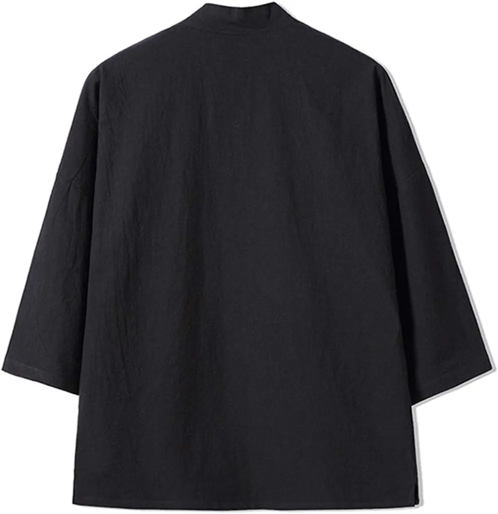 Men's Cotton Blends Linen Open Front Cardigan Embroidery Kimono Jackets