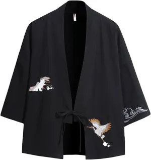 Men's Cotton Blends Linen Open Front Cardigan Embroidery Kimono Jackets