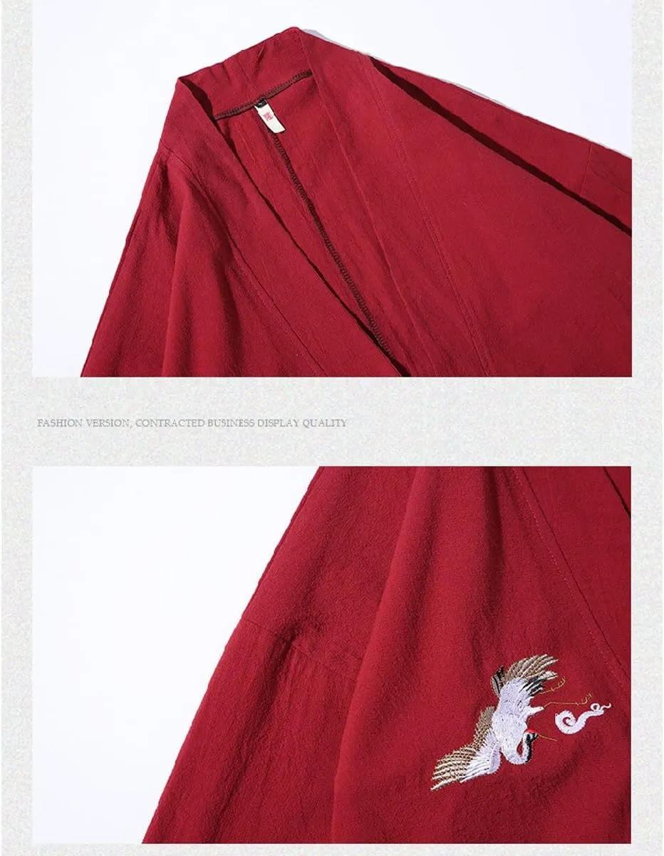 Men's Cotton Blends Linen Open Front Cardigan Embroidery Kimono Jackets