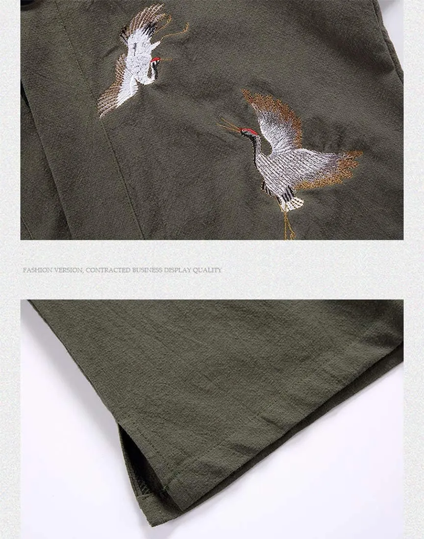 Men's Cotton Blends Linen Open Front Cardigan Embroidery Kimono Jackets