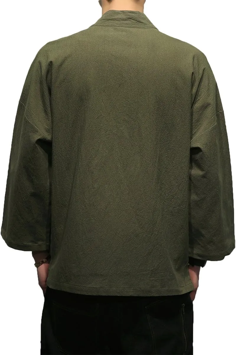 Men's Cotton Blends Linen Open Front Cardigan Embroidery Kimono Jackets