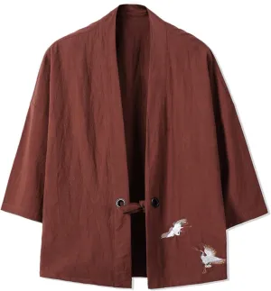 Men's Cotton Blends Linen Open Front Cardigan Embroidery Kimono Jackets