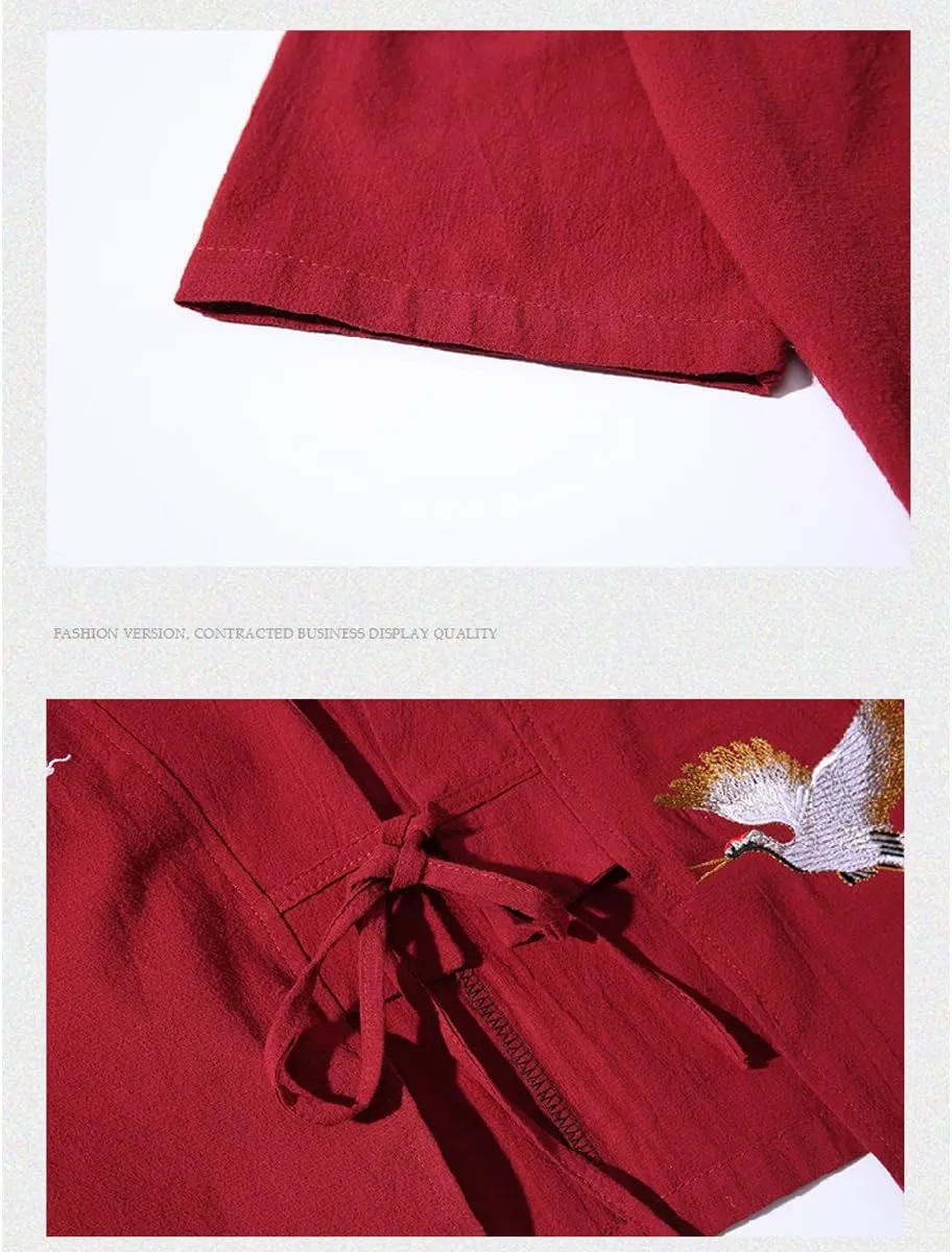 Men's Cotton Blends Linen Open Front Cardigan Embroidery Kimono Jackets
