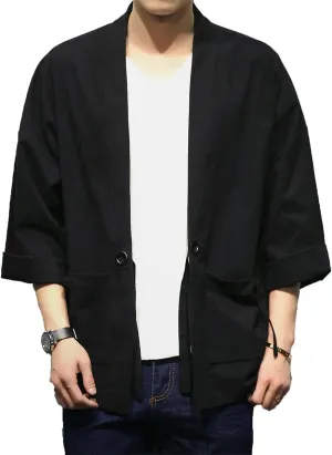 Men's Cotton Blends Linen Open Front Cardigan Embroidery Kimono Jackets