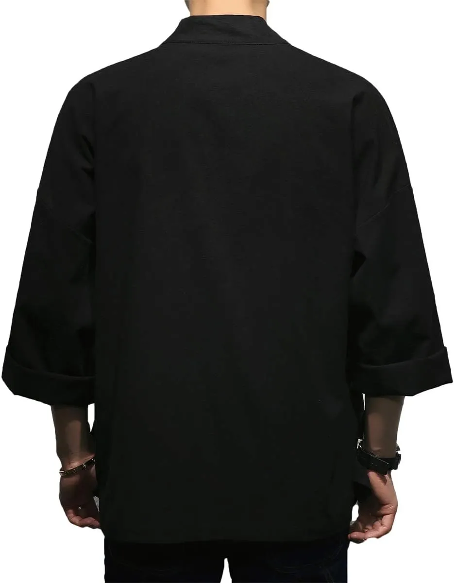 Men's Cotton Blends Linen Open Front Cardigan Embroidery Kimono Jackets