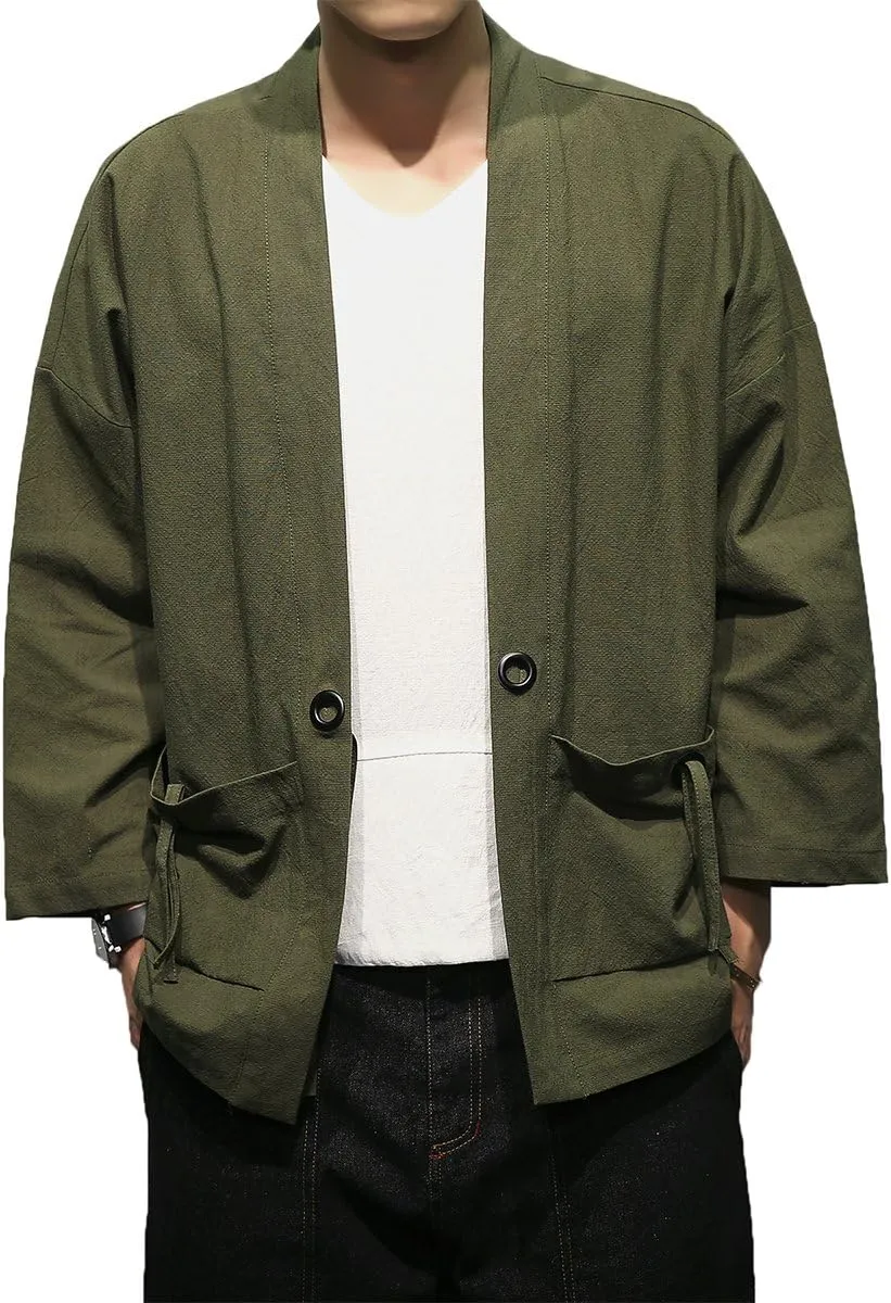 Men's Cotton Blends Linen Open Front Cardigan Embroidery Kimono Jackets