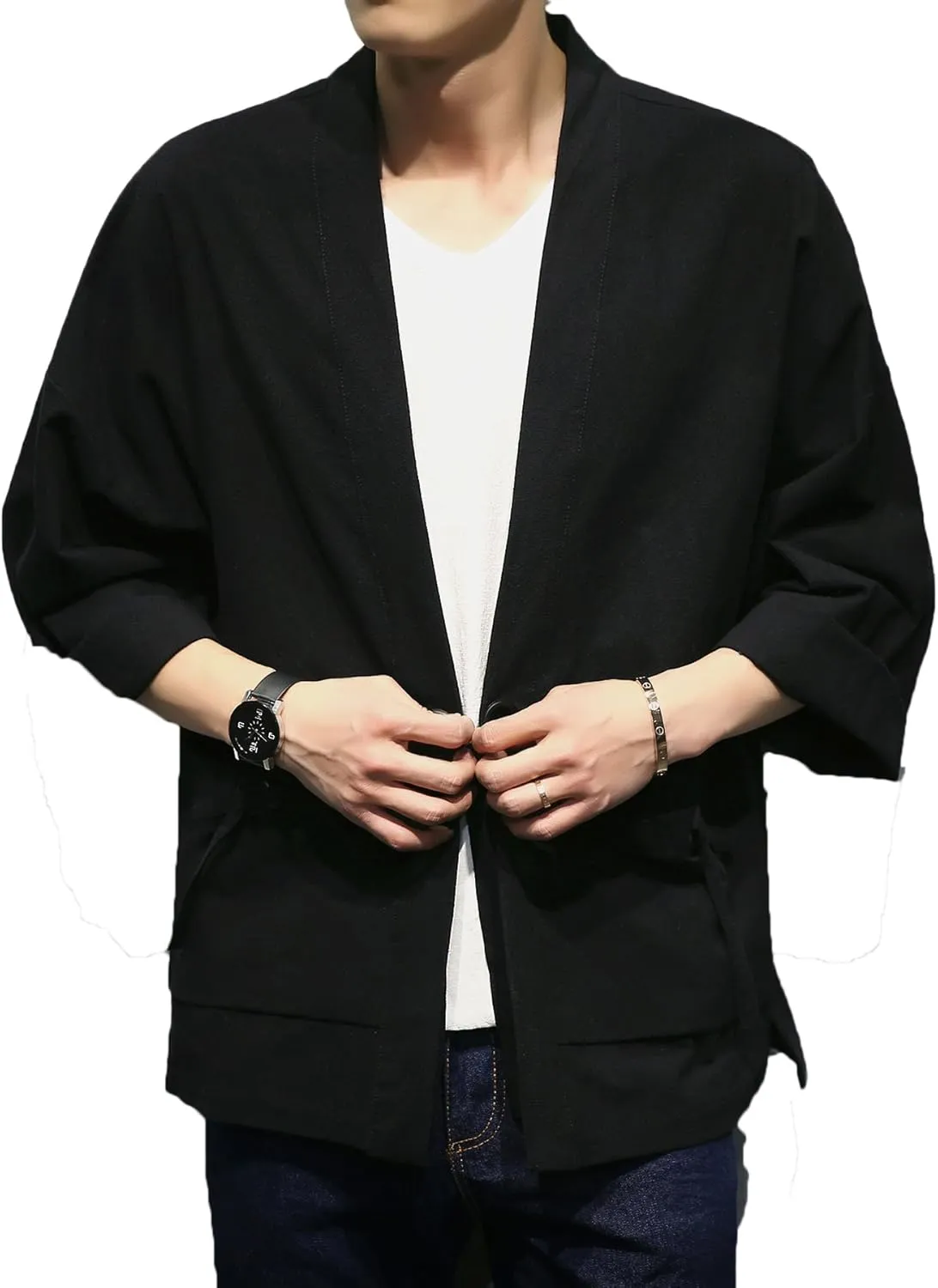 Men's Cotton Blends Linen Open Front Cardigan Embroidery Kimono Jackets