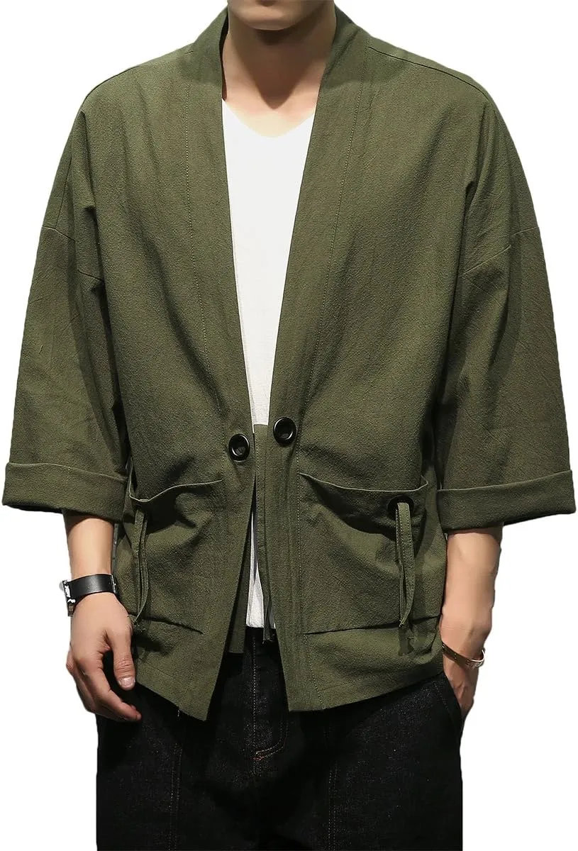 Men's Cotton Blends Linen Open Front Cardigan Embroidery Kimono Jackets