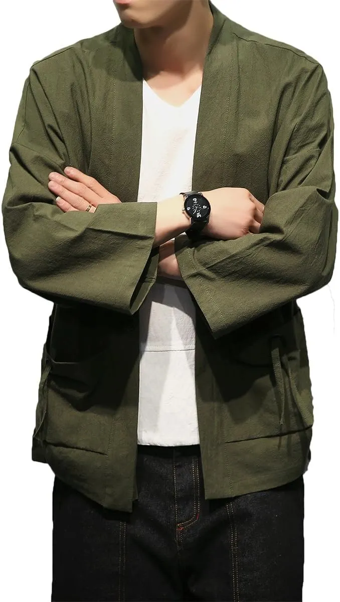 Men's Cotton Blends Linen Open Front Cardigan Embroidery Kimono Jackets