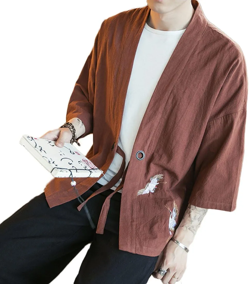 Men's Cotton Blends Linen Open Front Cardigan Embroidery Kimono Jackets