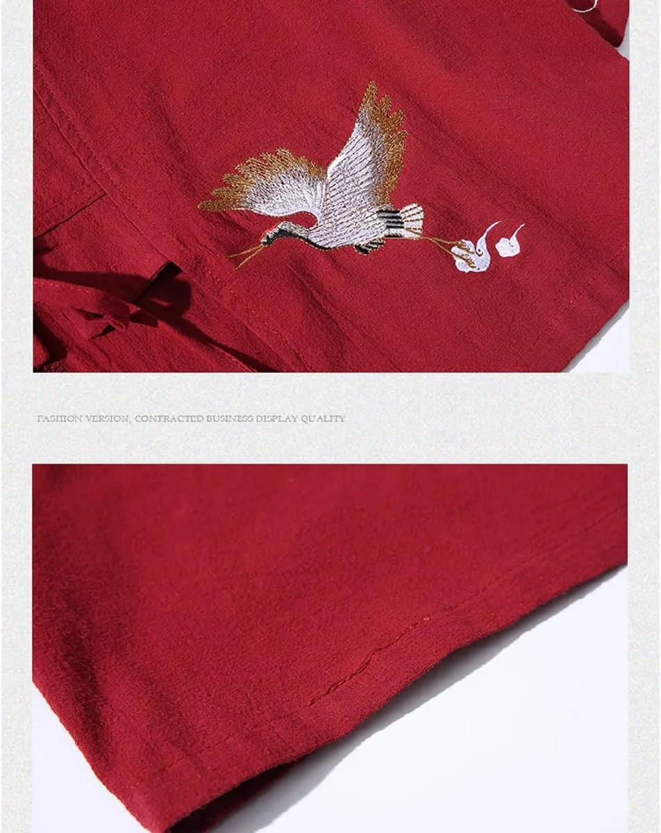 Men's Cotton Blends Linen Open Front Cardigan Embroidery Kimono Jackets