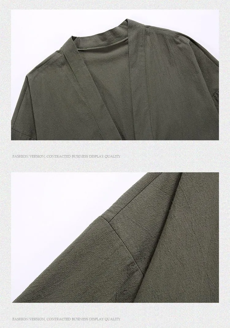 Men's Cotton Blends Linen Open Front Cardigan Embroidery Kimono Jackets