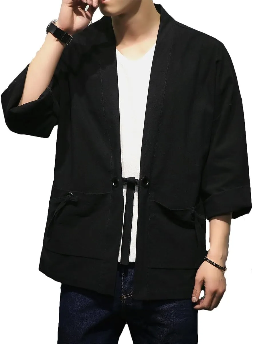 Men's Cotton Blends Linen Open Front Cardigan Embroidery Kimono Jackets