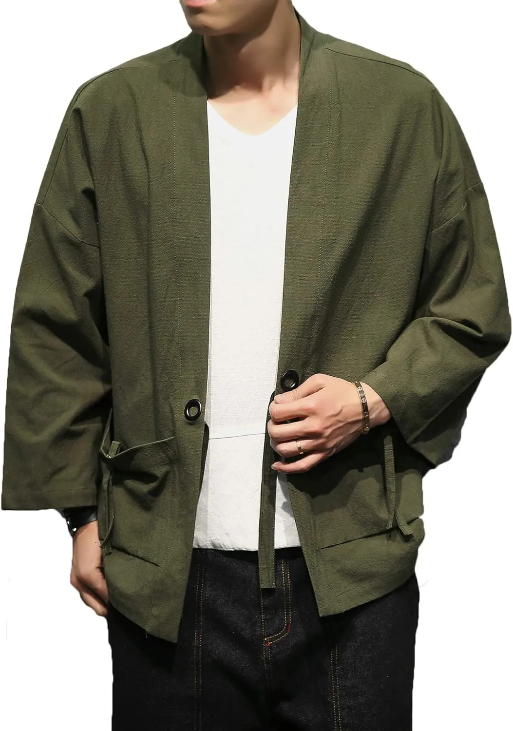 Men's Cotton Blends Linen Open Front Cardigan Embroidery Kimono Jackets