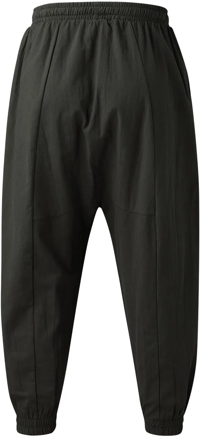 Men's Cotton Linen Pants Drawstring Elastic Waist Cinch Bottoms Summer Beach Pants Loose Fit Drop Crotch Trousers