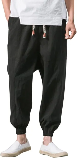 Men's Cotton Linen Pants Drawstring Elastic Waist Cinch Bottoms Summer Beach Pants Loose Fit Drop Crotch Trousers