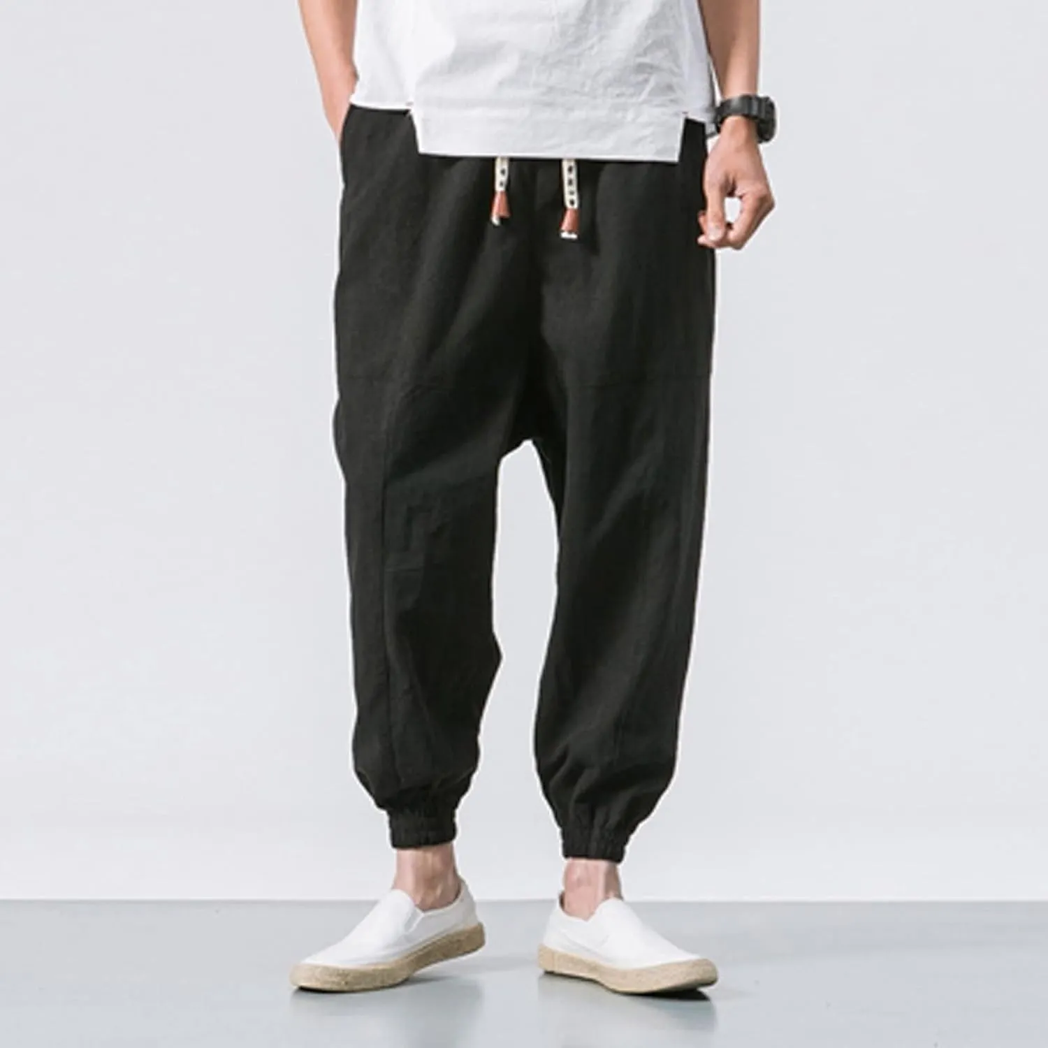 Men's Cotton Linen Pants Drawstring Elastic Waist Cinch Bottoms Summer Beach Pants Loose Fit Drop Crotch Trousers