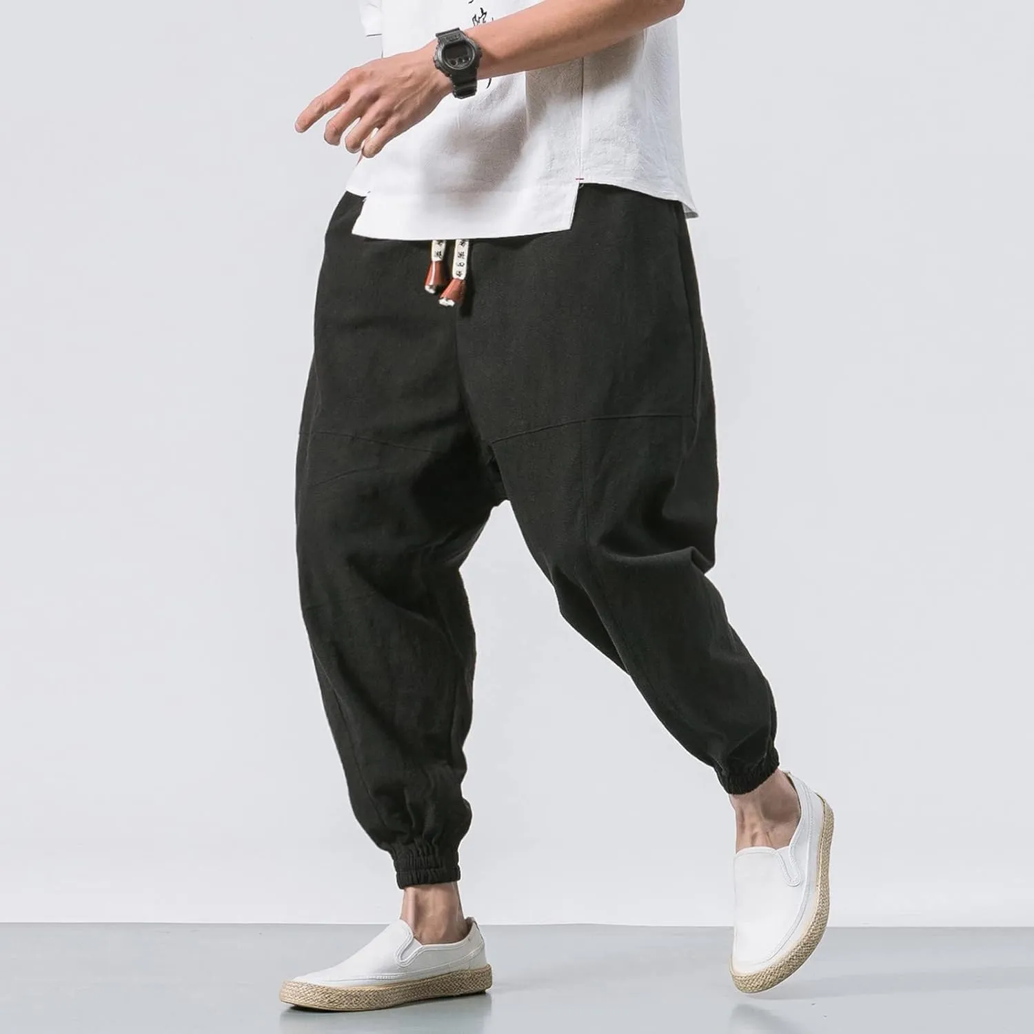 Men's Cotton Linen Pants Drawstring Elastic Waist Cinch Bottoms Summer Beach Pants Loose Fit Drop Crotch Trousers