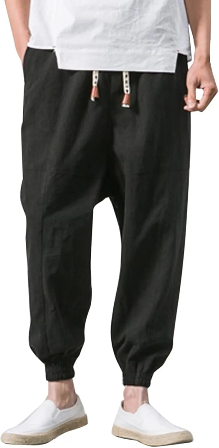 Men's Cotton Linen Pants Drawstring Elastic Waist Cinch Bottoms Summer Beach Pants Loose Fit Drop Crotch Trousers