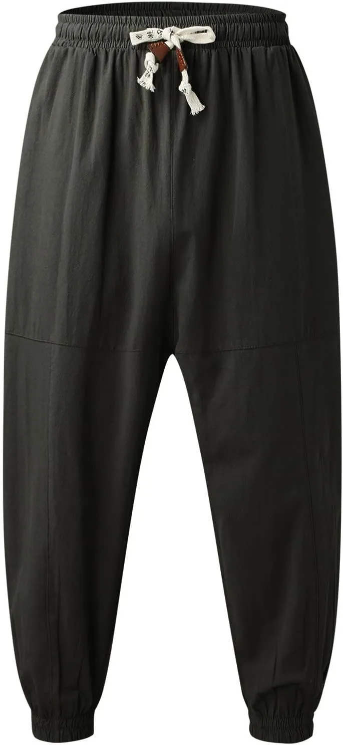 Men's Cotton Linen Pants Drawstring Elastic Waist Cinch Bottoms Summer Beach Pants Loose Fit Drop Crotch Trousers
