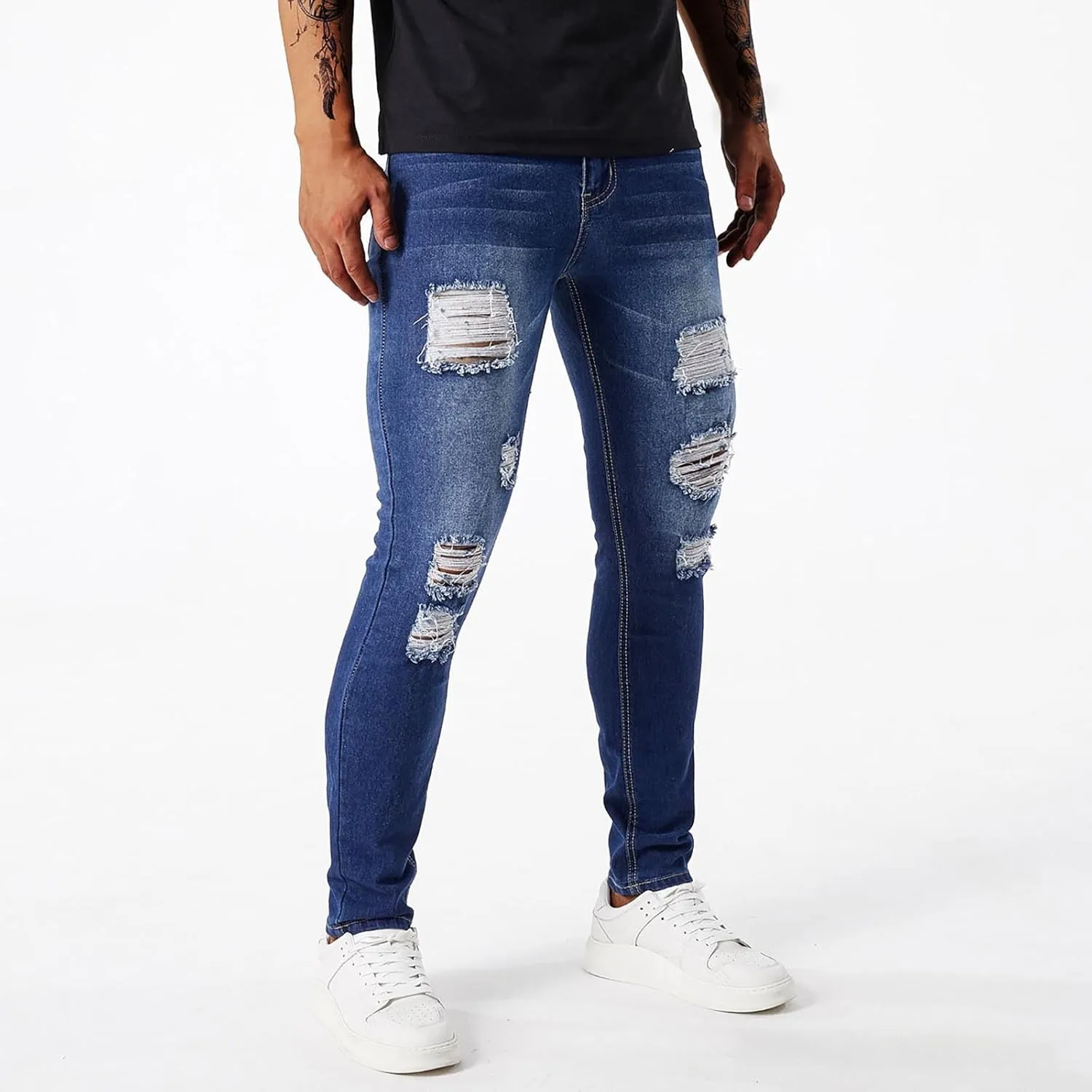 Men's Denim Pants Vintage Stretch Ripped Distressed Slim Fit Tapered Jeans Utility Carpenter Jeans Pants 80s Outfits