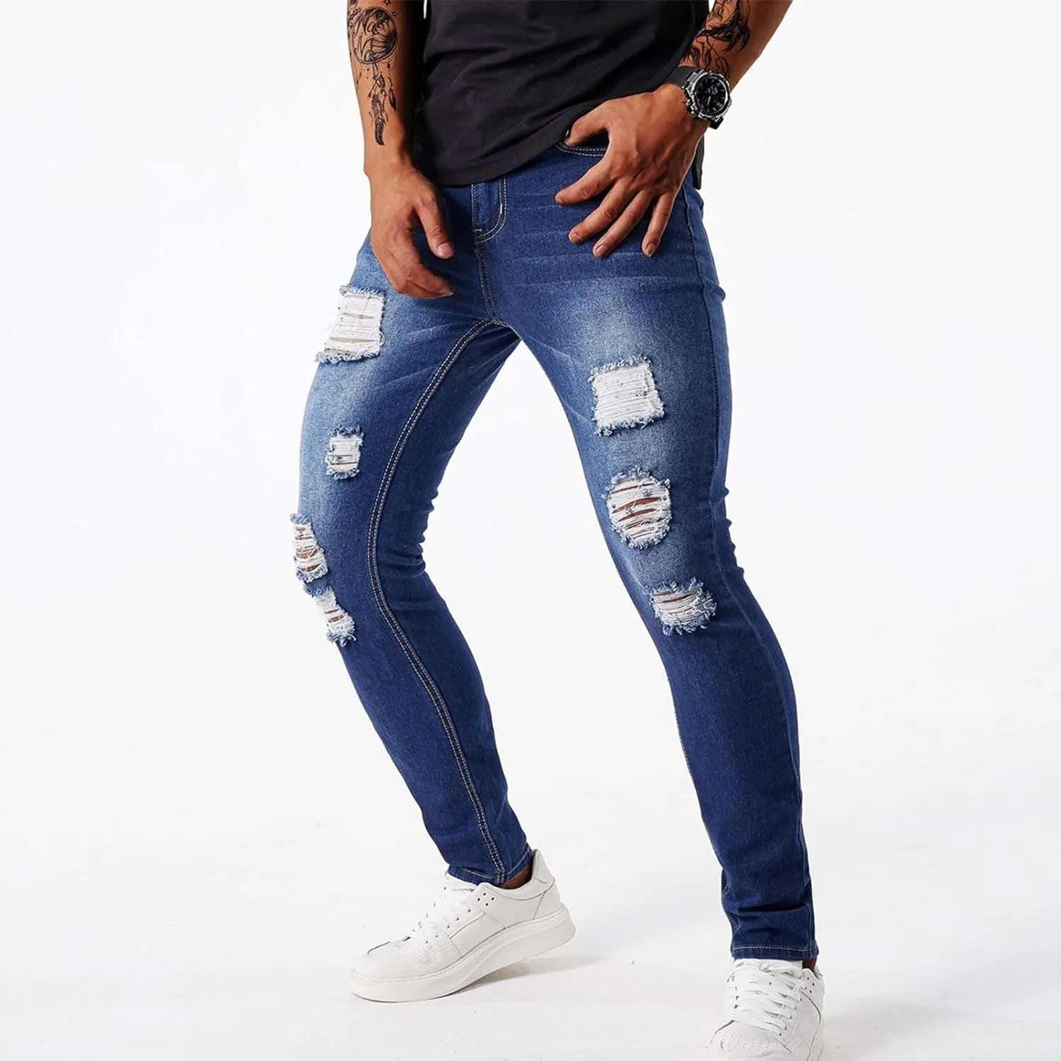 Men's Denim Pants Vintage Stretch Ripped Distressed Slim Fit Tapered Jeans Utility Carpenter Jeans Pants 80s Outfits