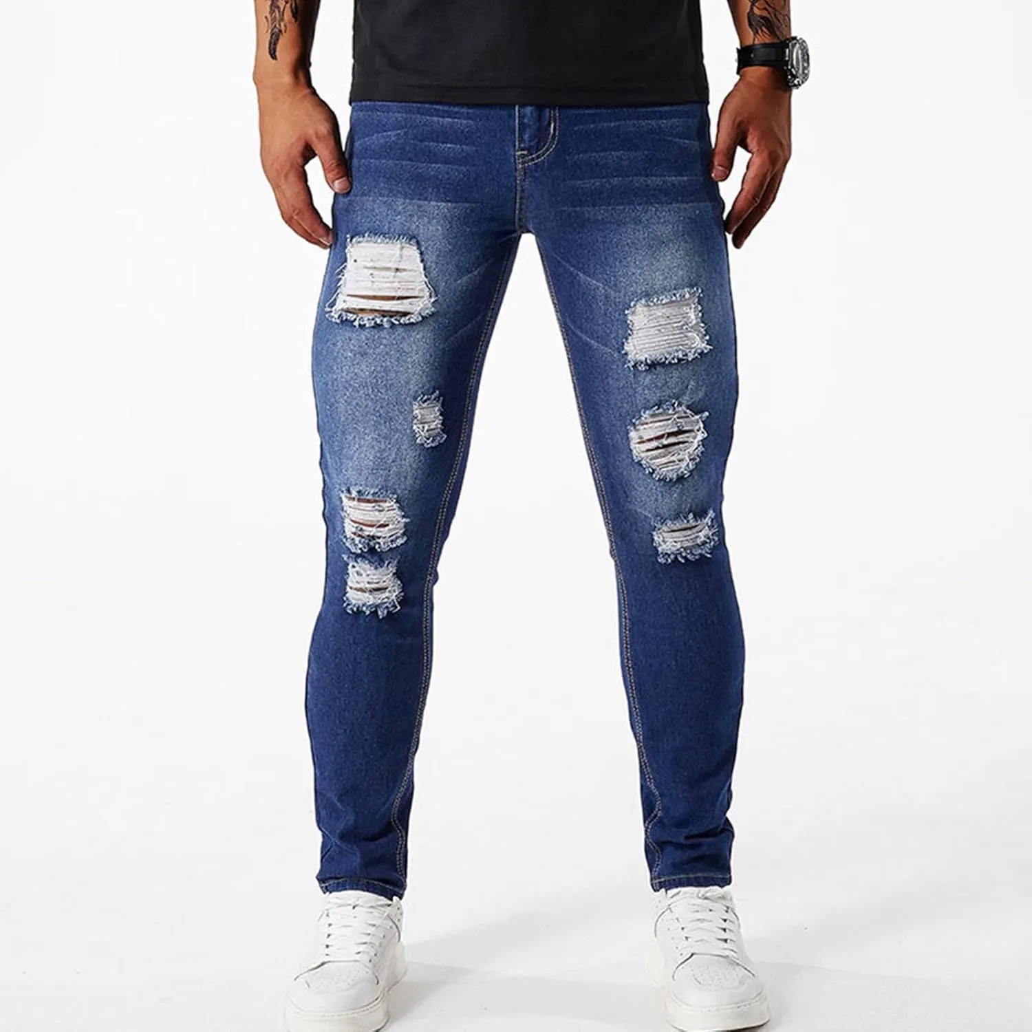 Men's Denim Pants Vintage Stretch Ripped Distressed Slim Fit Tapered Jeans Utility Carpenter Jeans Pants 80s Outfits