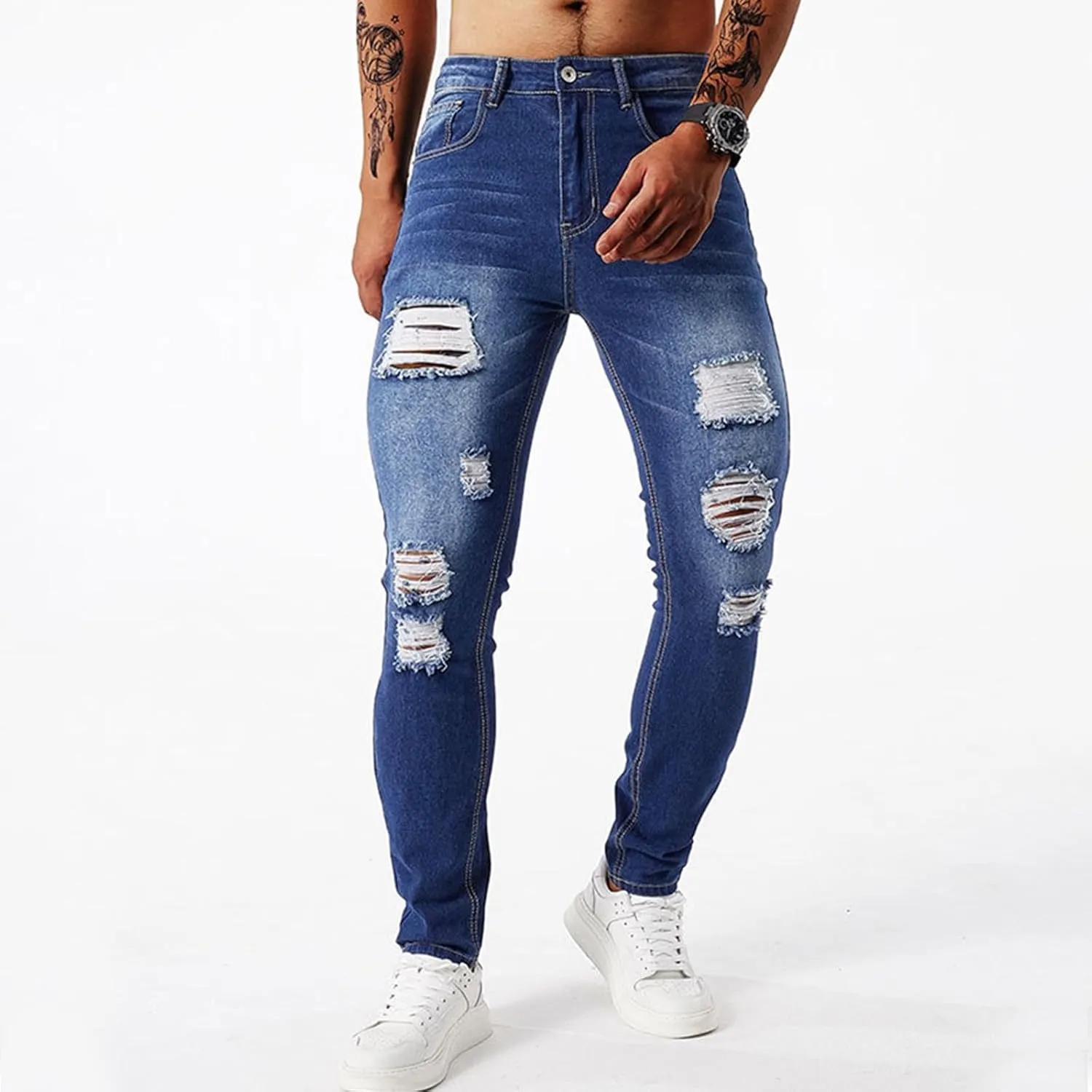 Men's Denim Pants Vintage Stretch Ripped Distressed Slim Fit Tapered Jeans Utility Carpenter Jeans Pants 80s Outfits